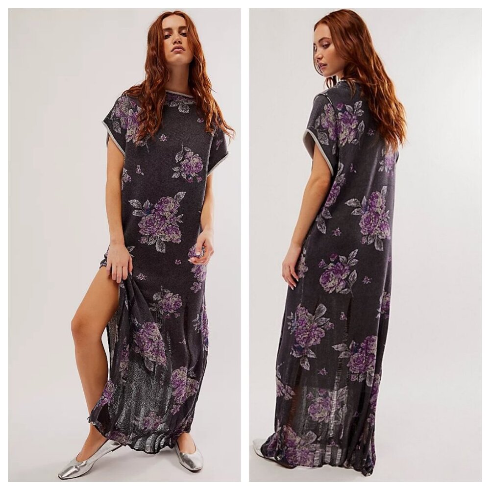 Free People Elaine Floral Knit Maxi Dress With Distressed Hem
